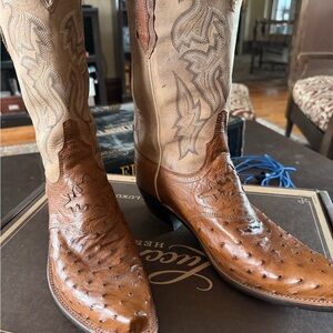 Lucchese Two-Tone Tan and Brown Full Ostrich Leather Cowboy Boots women size 10